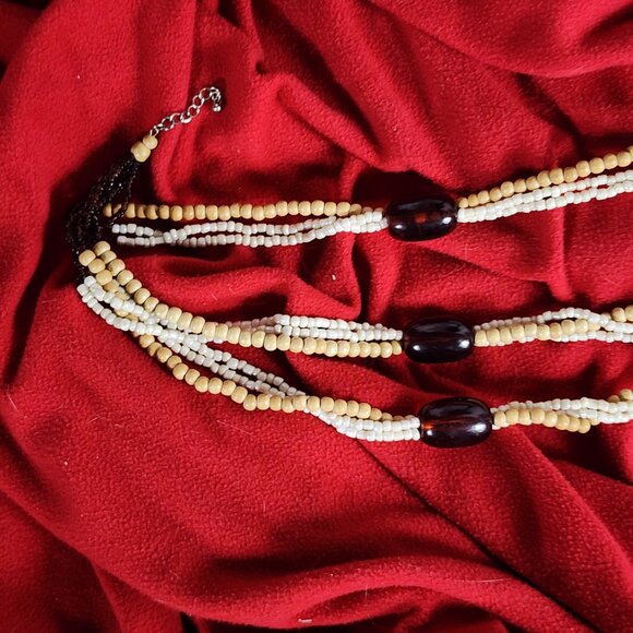 Express Wood Poly Brown Root Beer Tan Pearlescent White Bead 17" Choker Necklace - Picture 9 of 16